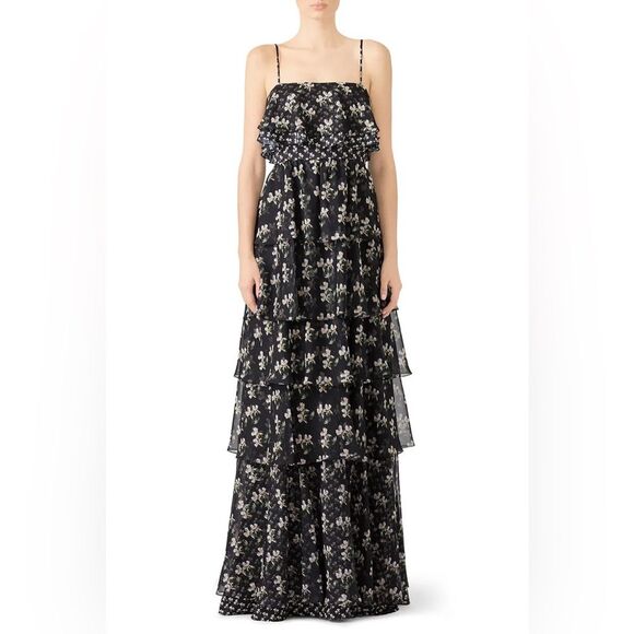Jill Jill Stuart Sleeveless Spaghetti Strap Black Floral Kiera Ruffle Gown. 6. - Picture 3 of 11